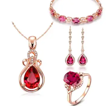 Luxusné Módne 18K Rose Zlaté Šperky Nastaviť Ruby Crystal Dlhé Náušnice, Prívesok, Náramok, Náhrdelník Otvoriť Krúžok Pre Ženy, Svadobné Dary