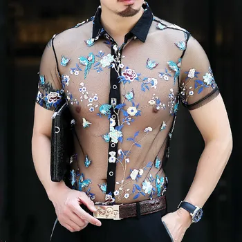 Super Sexy Transparentné Tričko Emboridery Camisa Hombre Slim Fit Oka Tričko Mužov Oblečenie Top 4xl Kvet Vidieť Cez Tričko