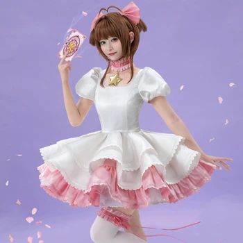 NA SKLADE Anime Cardcaptor Sakura Kinomoto Sakura Cosplay Kostým Ružová Biele Šaty Vybavy Halloween Kostýmy pre Ženy
