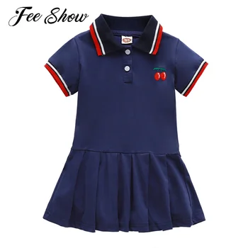 Deti, Baby, Dievčatá Bavlna Šport Tenis Šaty Bežné Krátke Rukávy Cherry Výšivky Skladaný Mini Šaty pre Badminton Športové oblečenie