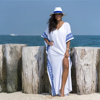 Moderné Kaftan Biele Dlhé Voľné Fit Šaty Žien Pláži zakryť Resortwear Turecko Elegantný Maxi Šaty Kaftane Boho Tlač Lem Tunika