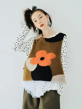 Imakokoni originálny dizajn fleece vesta kvetinový tlače tepelná cover-up bežné vesta bez rukávov top fashion ženy